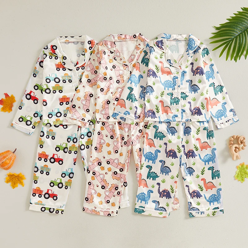 

Little Girl Boy Fall Pajamas Set Tractor/Dinosaur Print Long Sleeve Lapel Tops with Pants Satin Sleepwear Kids 2 Pieces Clothes