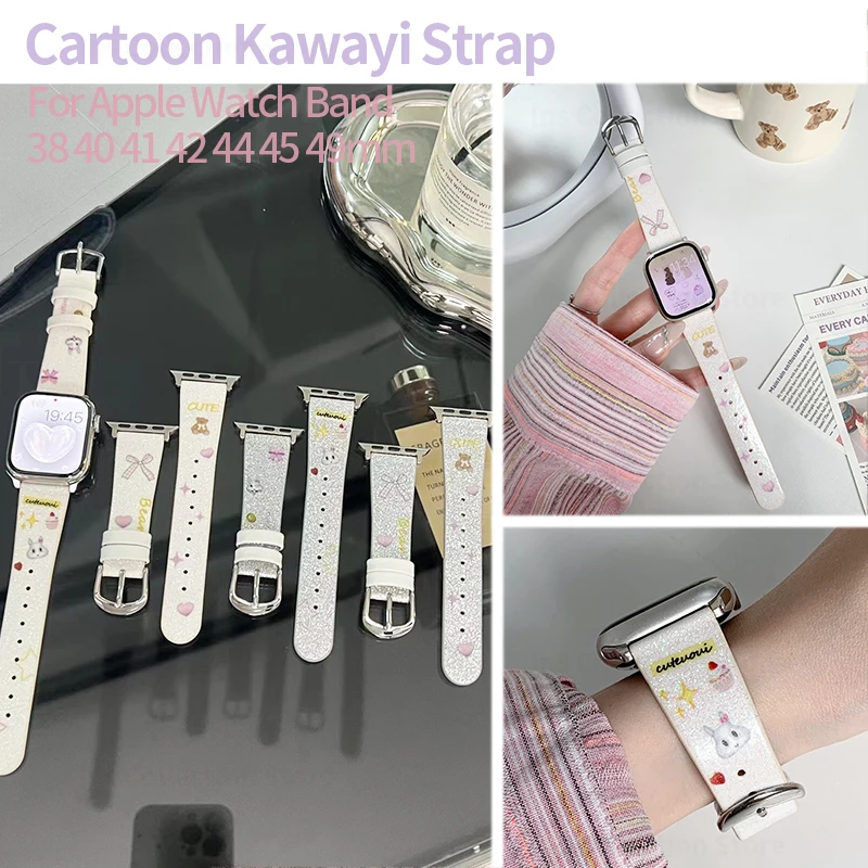 Cartoon Glitter Leather Strap for Apple Watch 44mm Band 40mm 45mm 42mm 38 41 49 Bracelet for iWatch Series 7 SE 8 9 6 5 4 Correa