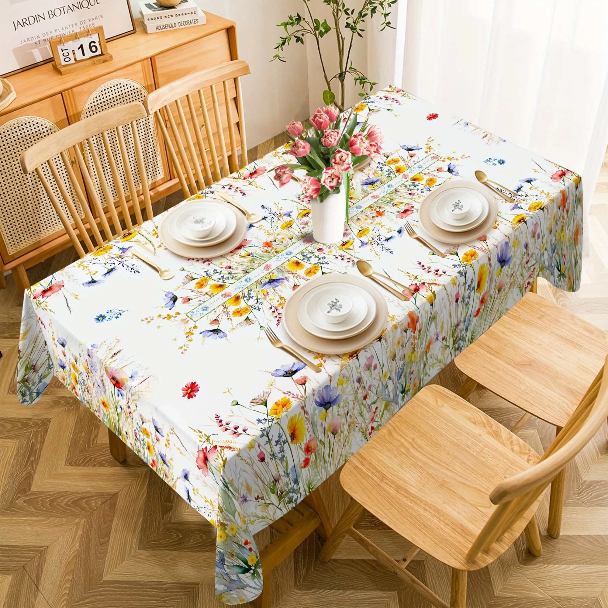 2D Printed 59x59in/150x150cm Spring Color Floral Rectangular Tablecloth - Machine- Polyester, Vibrant Flower Pattern, Durable and Easy to Clean, Suitable for Dining Tables, Home Decor, Elegant Natural Style Design, Easy Maintenance