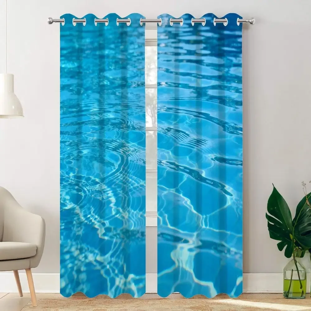 Summer Blue Bedroom Blackout Curtains, Beach Style Grommet Top Thermal Insulated Drapes, 2-Panel Set, 52x84 Inches