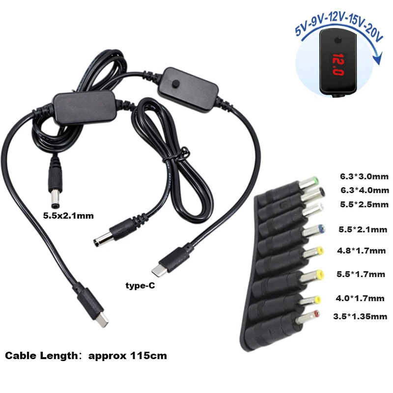 Type‑C Male to DC 5.5x2.1mm Male PD Adapter Adjustable 5V/9V/12V/15V/20V Boost Cable Type‑C to DC Cord for Wifi Router Laptop