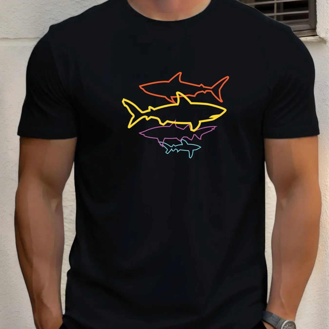 Men Neon Shark Graphic Summer T-Shirt Vibrant Yellow Casual Short Sleeve Tee with Round Neck Regular Fit for Beach Men Clothing