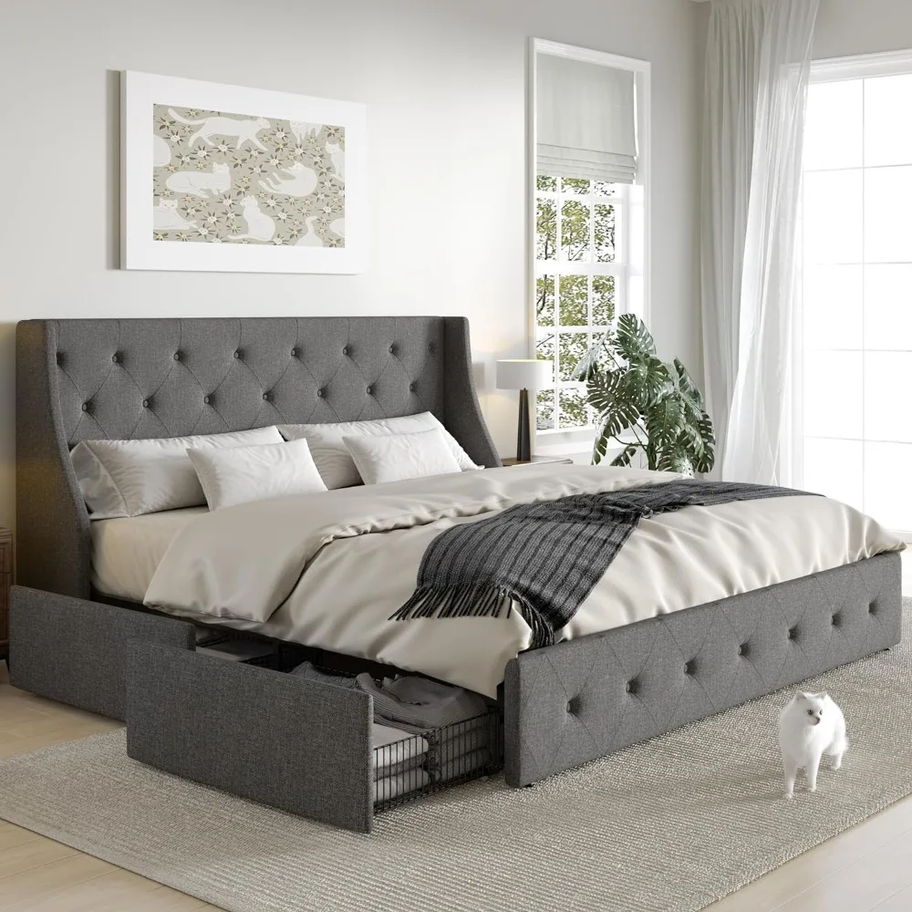 SHA CERLIN King Size Platform Bed Frame with 4 Storage Drawers and Wingback Headboard, Diamond Stitched Button Tufted Design