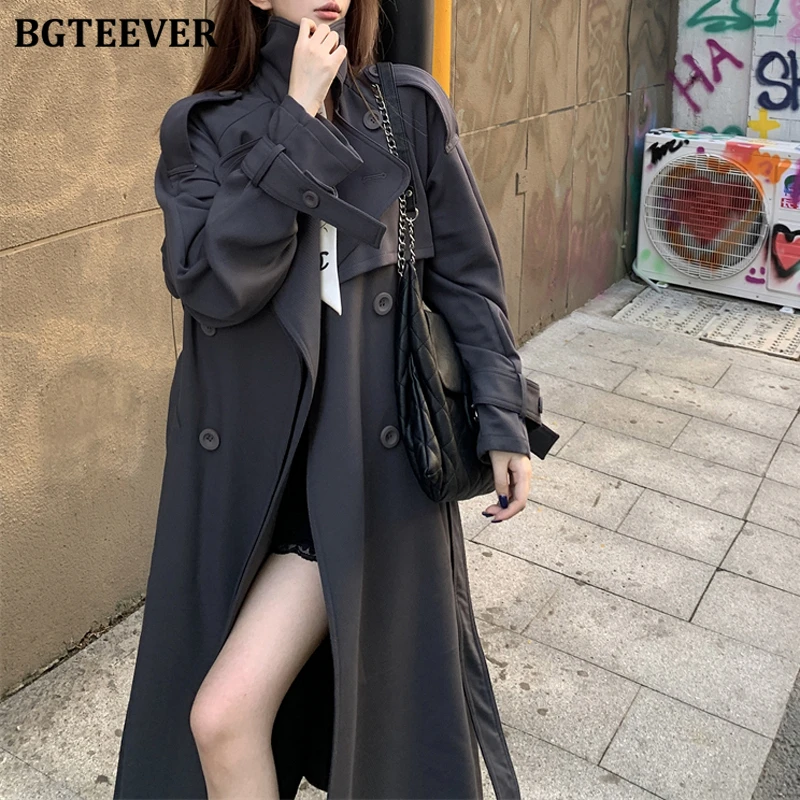 BGTEEVER Vintage allentato doppio petto femminile lungo Trench cappotti autunno inverno elegante risvolto manica intera donna giacca a vento con cintura