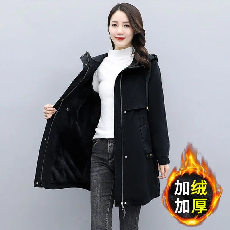 Add Velvet Warm Winter Coat Jacket Female Overcoat Mid-length Hooded Waist-cinching Parkas Women Coats Manteau Femme Hiver