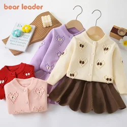 Bear Leader Kids Clothes Girls Winter Love Long Sleeves Sweater Cardigan+Skirt 2 Pieces sets Knitting Flower Children's Clothing
