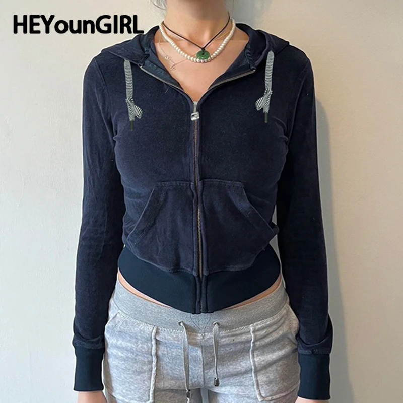 HEYounGIRL Women Y2K Dark Blue Velvet Coat Fall Winter Outwear Casual Minimalism Hooded Zipper Cropped Top Fashion Basic Outfits