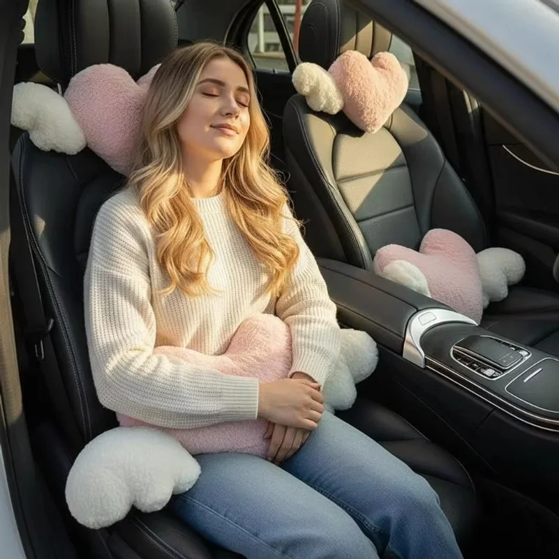 Pink Heart Angel Wings Car Lumbar Pillow Soft Plush Neck Support Cushion for Comfort and Cute Car Seat Décor