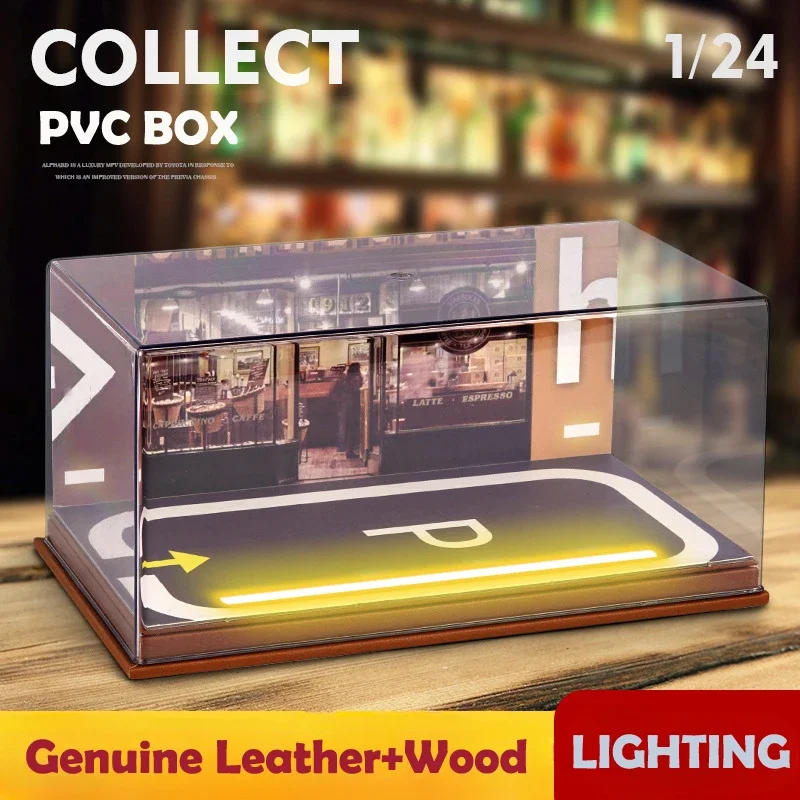 High transparent PVC Display Box For 1/24 Scale Car Model Leather And Wood Lighting Dust Cover Parking Lot Showcase Kid Toy