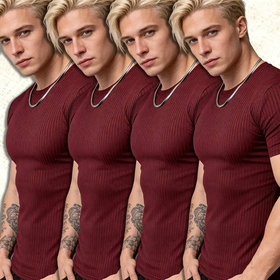[Ribbed T-Shirt 4pcs] 4pcs Men's Ribbed T-Shirt | Spring/Summer Short Sleeve, Comfortable Breathable, Fashionable Casual Sporty