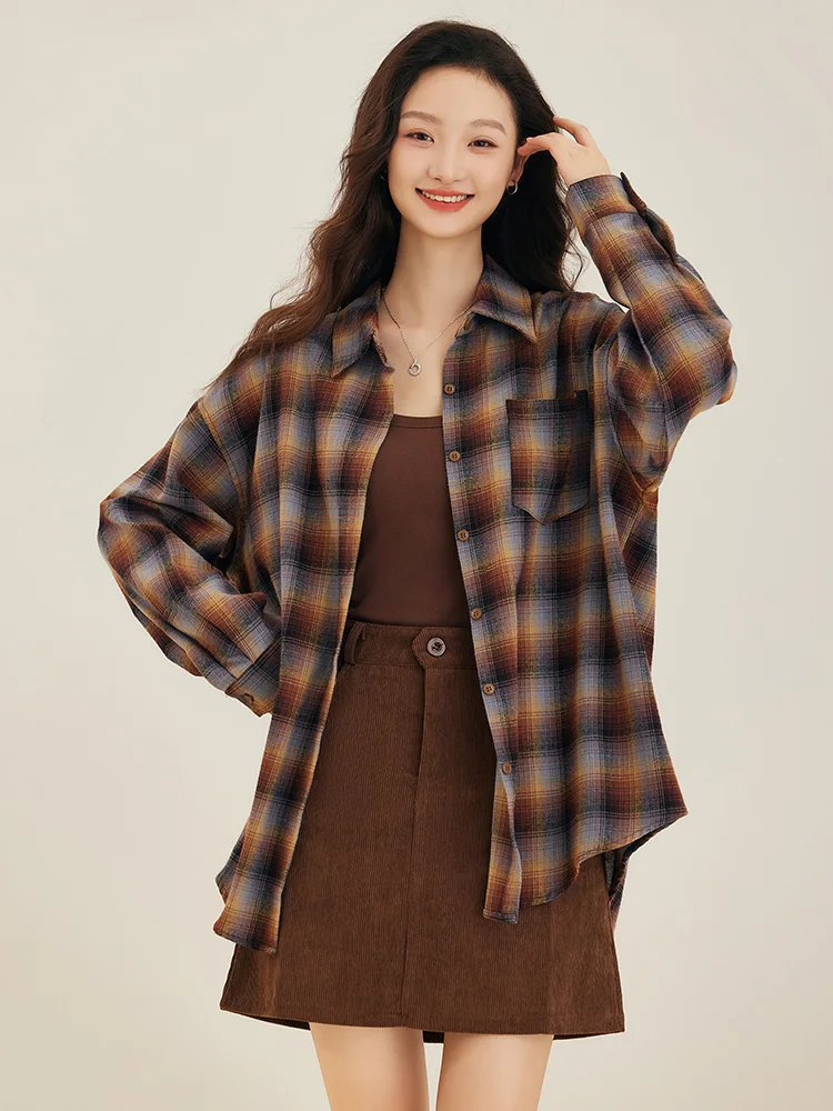 Nueva Mujer Primavera Otoño Algodón Plaid Camisa Moda cuello vuelto manga suelta Tops Vintage Casual Café Camisa a cuadros