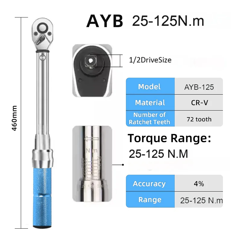 

ALIYIQI AYB 25-125N 1/2 Inch Square Drive Preset Torque Two-way Ratchet Socket Wrench 3% Hand Spanner Bicycle Repair Tools