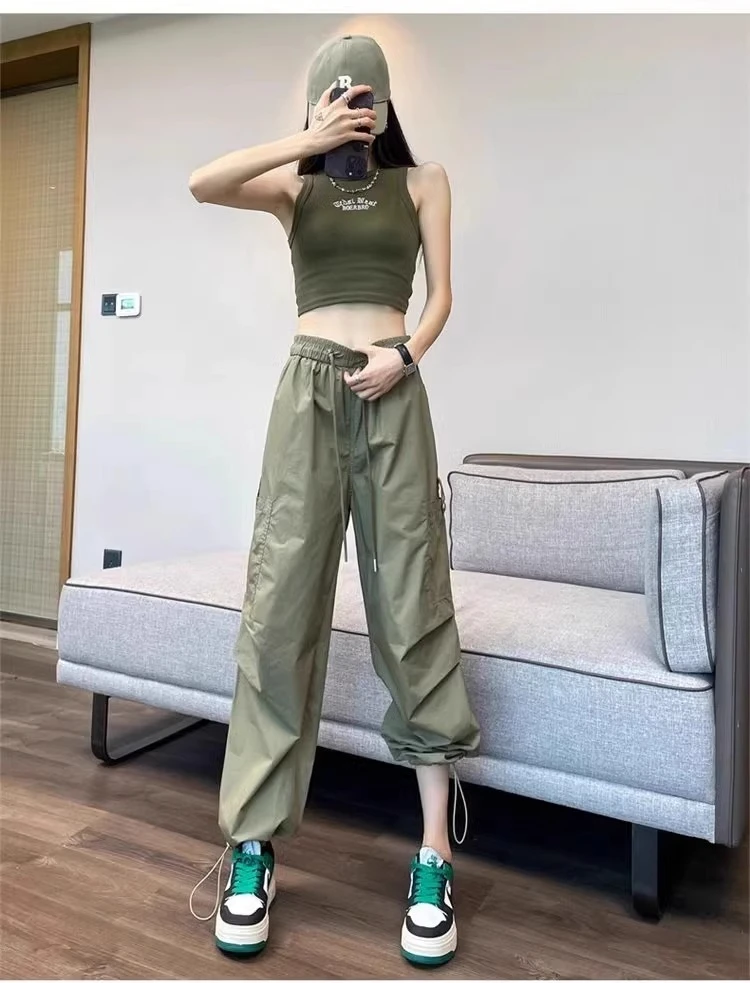 Military Green Quick Drying Work Pants for Women Summer Thin Style Drawstring Hiking Pants Casual Wide Leg Paratrooper Pants