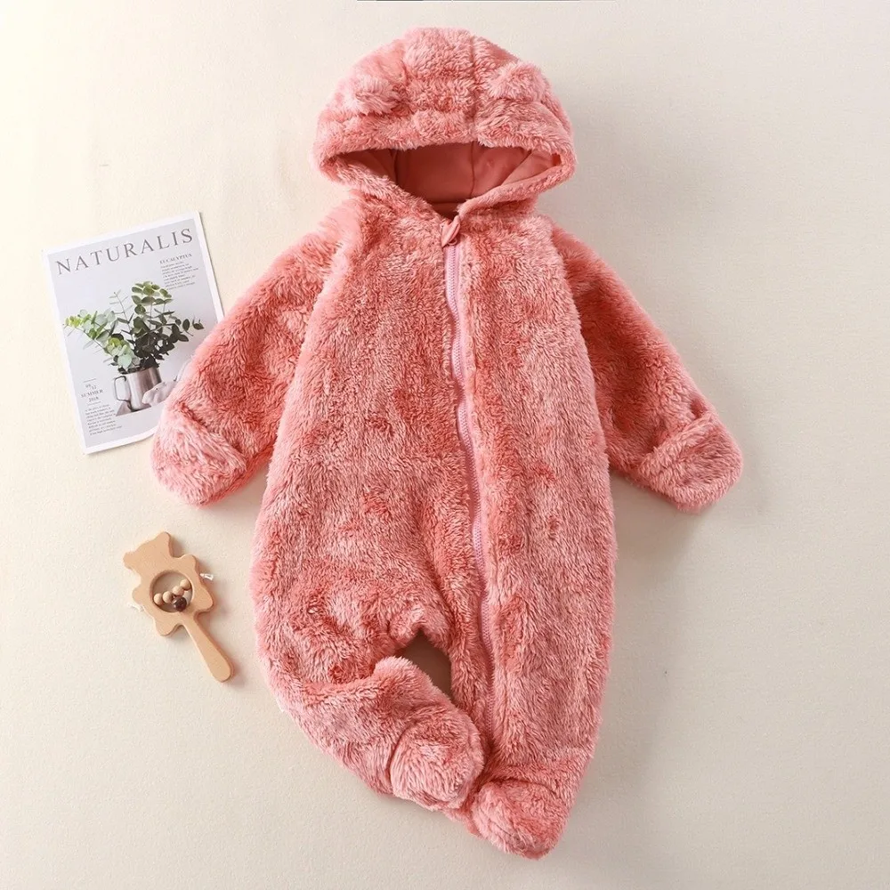 New Bear Hooded Rompers Zipper Closure Winter Fleece Zipper Jumpsuit Warm Hooded Design Bodysuit Newborn Babies