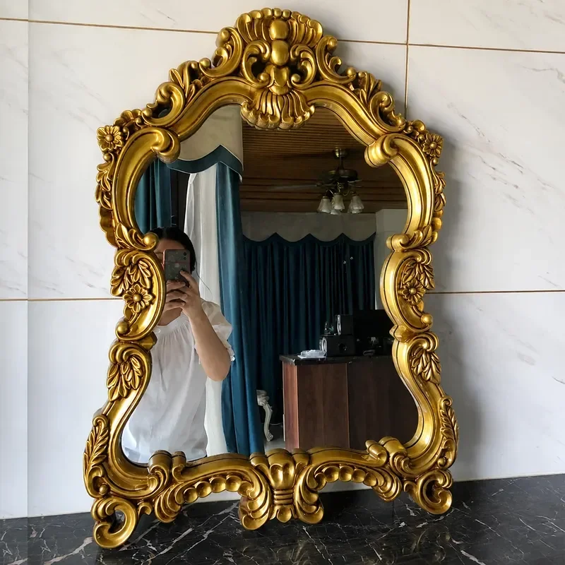 European Retro Waterproof Bathroom Mirror Decorative Wall Mounted Vanity Makeup Dressing Mirror Large Size for Home