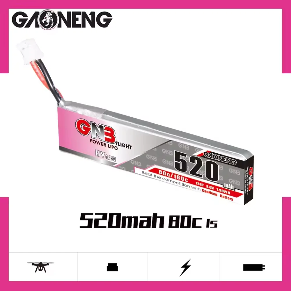 بطارية ليبو Gaoneng GNB 1S 520mAh 80C/160C 3.8V مع قابس PH2.0 لطائرة Tinyhawk Kingkong LDARC TINY7 RC بدون طيار