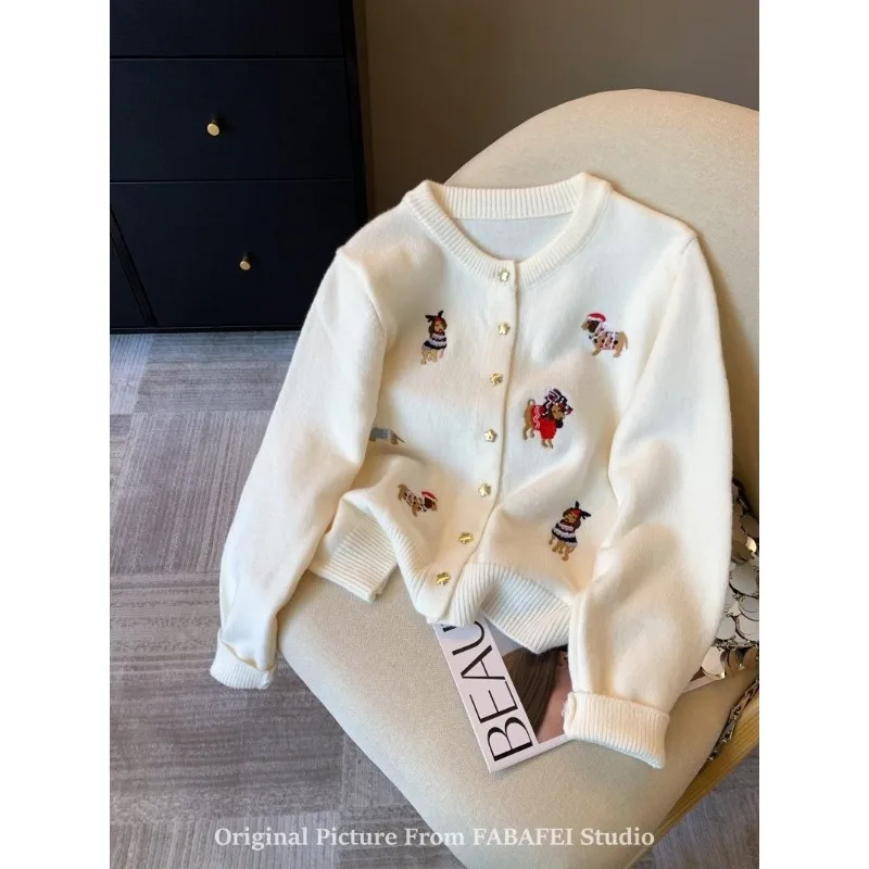 

O-neck Cartoon Embroidery Single Breasted Knitted Cardigan Autumn Winter New Long Sleeve Loose Cardigan Coat Tops