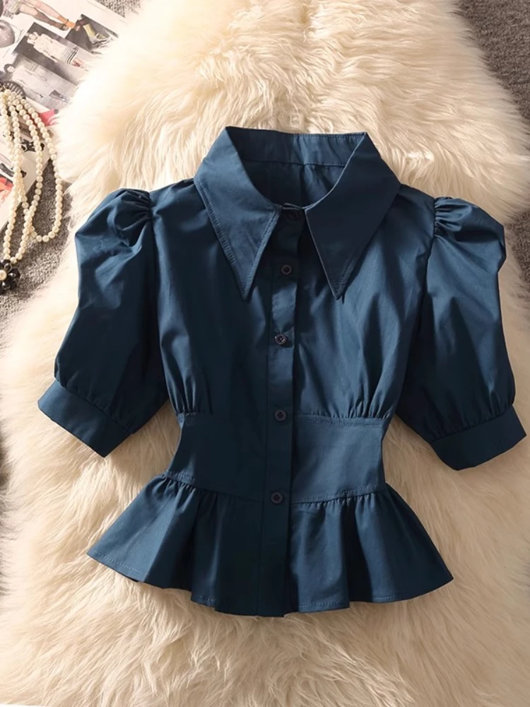 

French Chic Blouses Solid Color Pleated Slim Waist Design Crop Tops Turn Down Collar Puff Sleeve Shirts Summer Women's Clothing