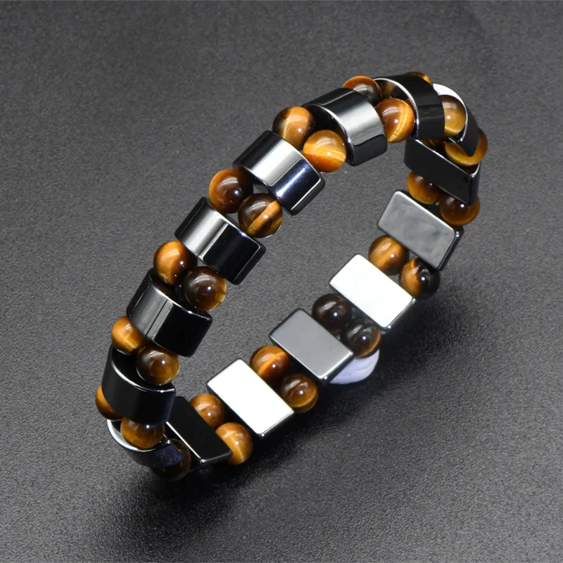 

High Quality Double Layers Natural Yellow Tiger Eyes With Energy Hematite Elastic Beaded Bracelet For Men And Women