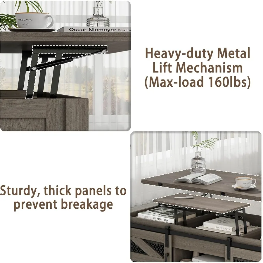 47.2 Lift Top Coffee Table 4 in 1 Farmhouse Coffee Table with Storage and Sliding Barn Doors Coffee Tables for Living Room Dini