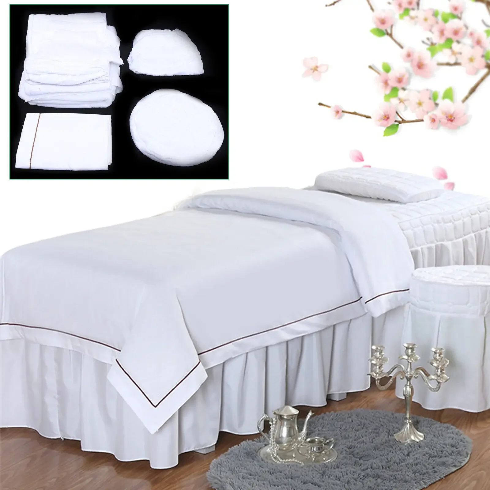 5-Piece Massage Bed Sheet Set, Bed Skirt Bedding Set, Beauty Salon Bed Linen Kit Hidden Metal Zipper With Quilt Filling Pillow Case Stool Cover for Massage Shop Foot Spa Beauty Salon Hotel Homestay Home