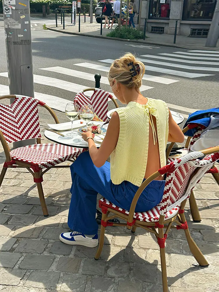 Up Casual Elegant Pullover Summer Autumn Chic Knitwear Yellow Knit O-neck Sleeveless Cropped Top Vest Sexy Backless Lace