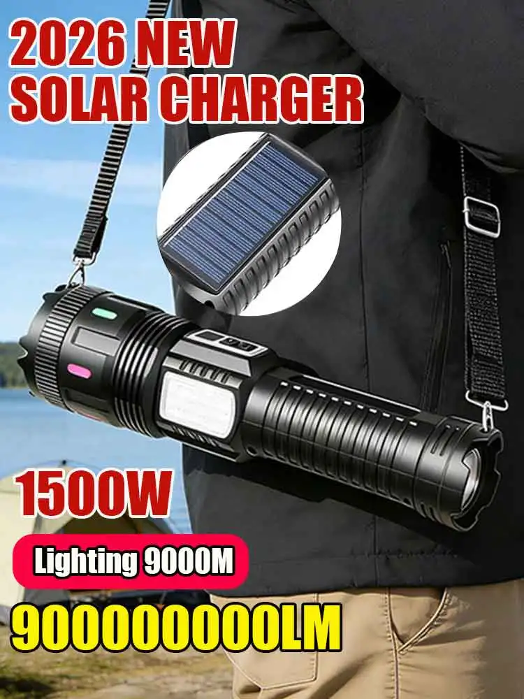 2026 900000000LM Solar Flashlight Powerful Long Range Portable Tactical Torch Solar Charge Emergency Lantern Outdoor Camping