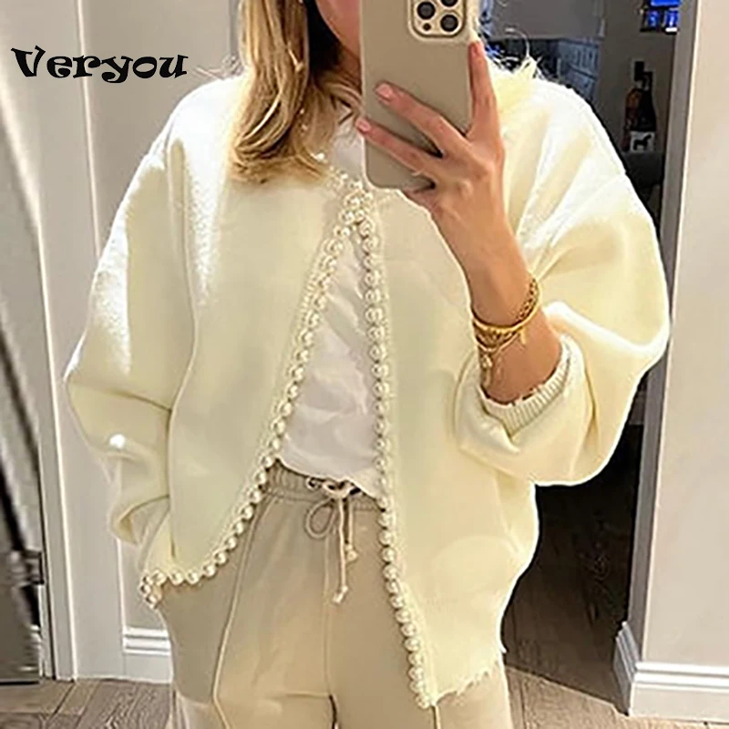 Elegant Knitted Sweater Cardigan Women Autumn Winter Long Sleeve Sweaters Jackets For Women Casual Coat With Bead