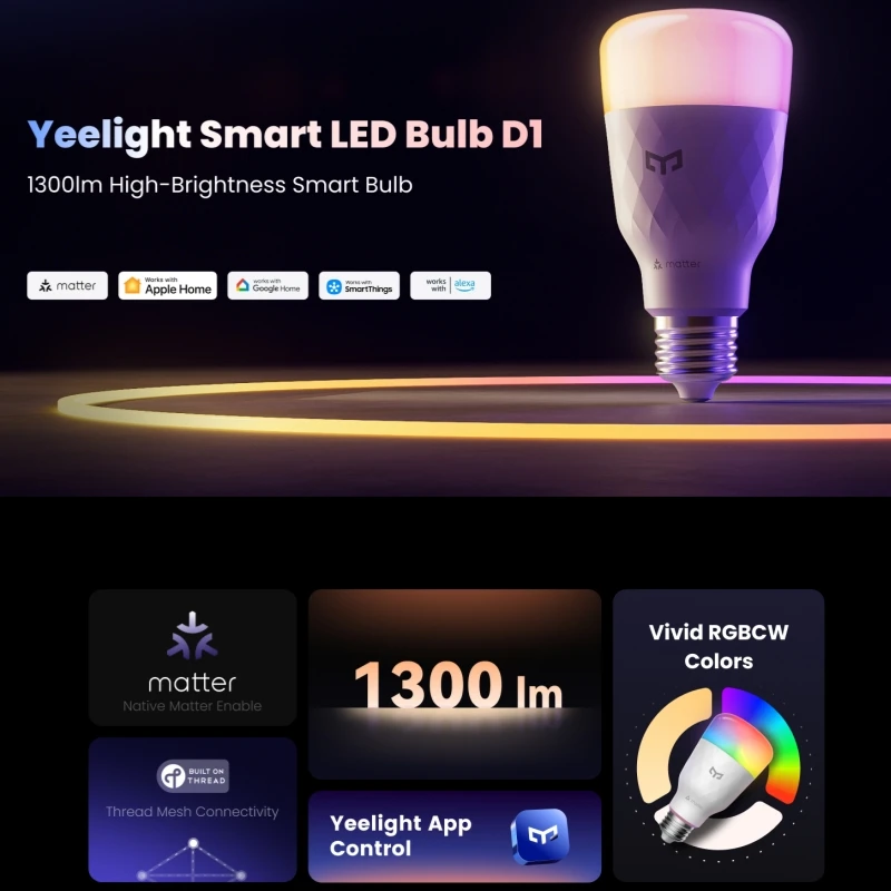 Global YEELIGHT Smart LED Bulb D1 RGB Adjustable Color E27 Base 1300lm App Voice Control Compatible with Apple Home Google Alexa