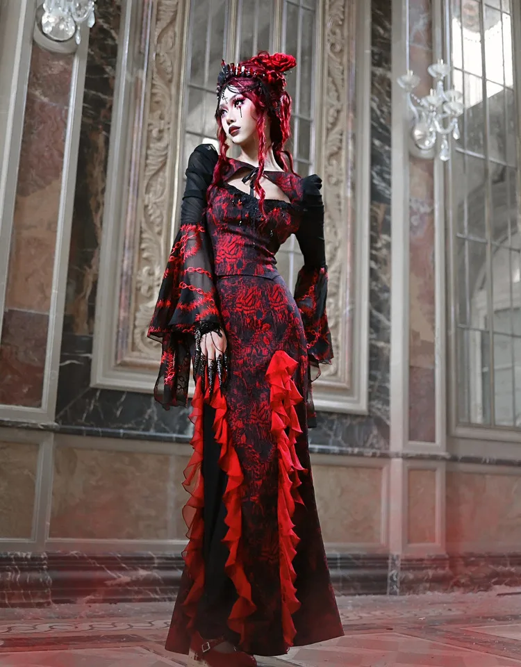 Elegant Sexy Gothic Jacquard Fabric Splicing Chiffon Wavy Fishtail Skirt Personalized Romantic Girl Ruffles Split Short Skirts