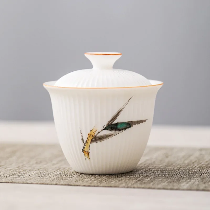 

Белый фарфоровый гаваньский противоожоговый чехол, миска в полоску с крышкой, чайные сервизы для кунг-фу, ручная работа, дорожная чайная посуда, подарок, 130 мл