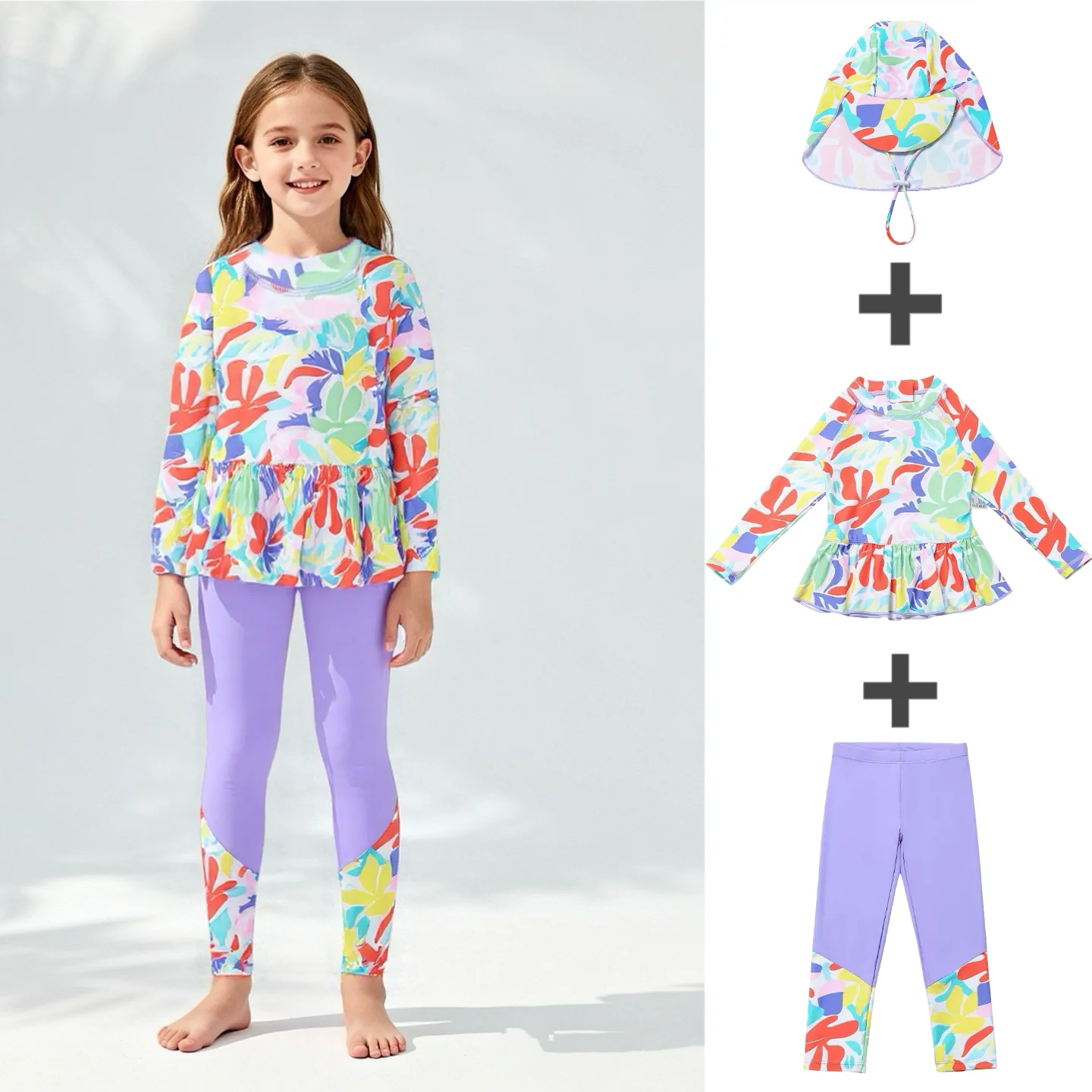 

Детский купальник Princ Sle для девочек, двухсекционный, для серфинга, с юбкой, длинный рукав, камуфляжный принт