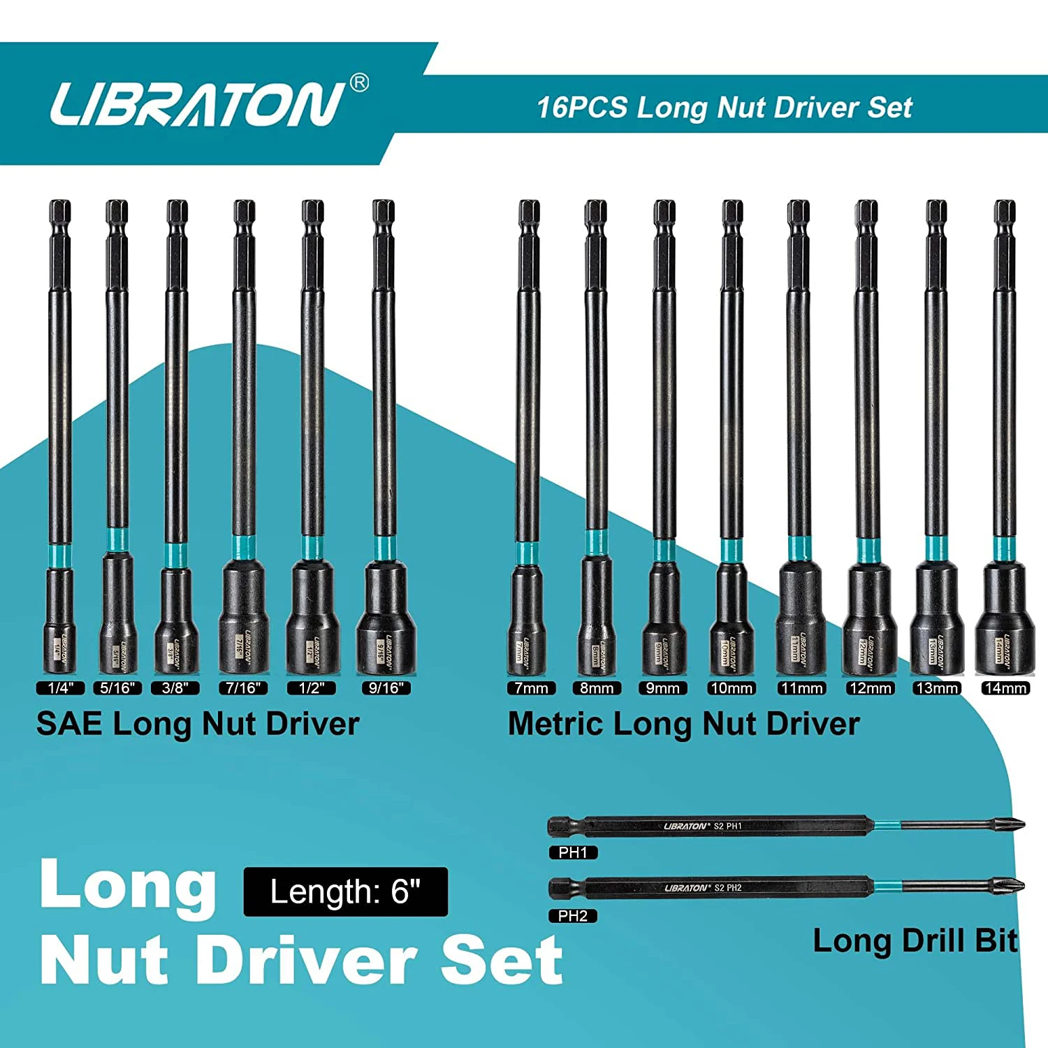 Libraton 16PCS Magnetic Nut Driver Set, 6 Inch-Long Metric & SAE Nut Drivers for Impact Drill, 1/4\