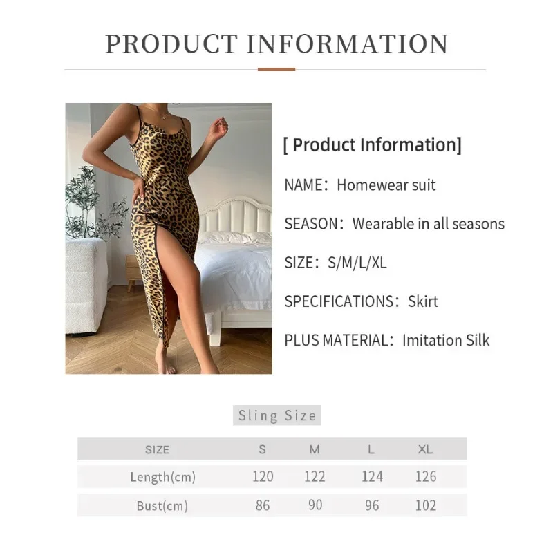 Fashion Backless Slit Ice Silk Camisole Skirt Nightgown Women\'s Summer Thin Breathable Imitation Silk Sexy Leopard Print Pajamas