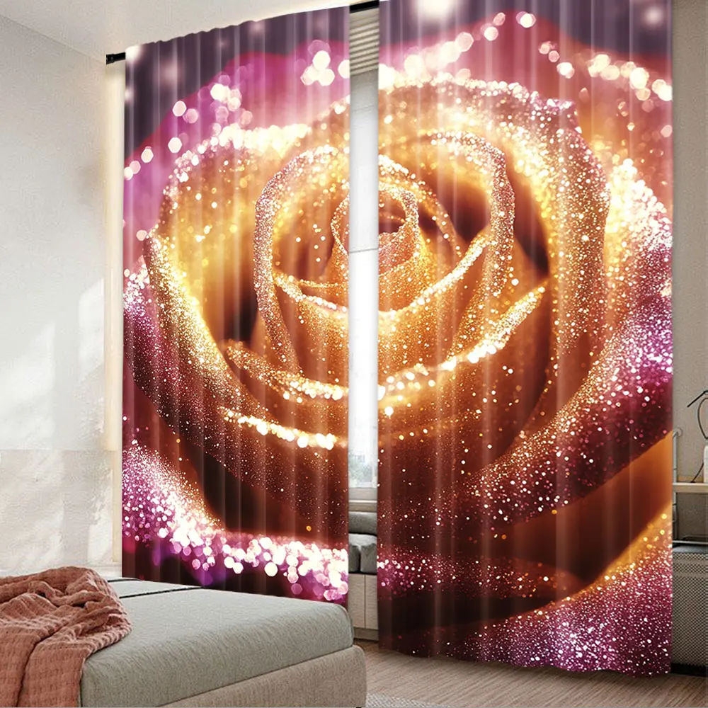 2Pcs Red Rose Curtains Personalized Funny Curtains Pink Yellow Rose Gold Powder Pattern Curtains Apply To Store Hotel