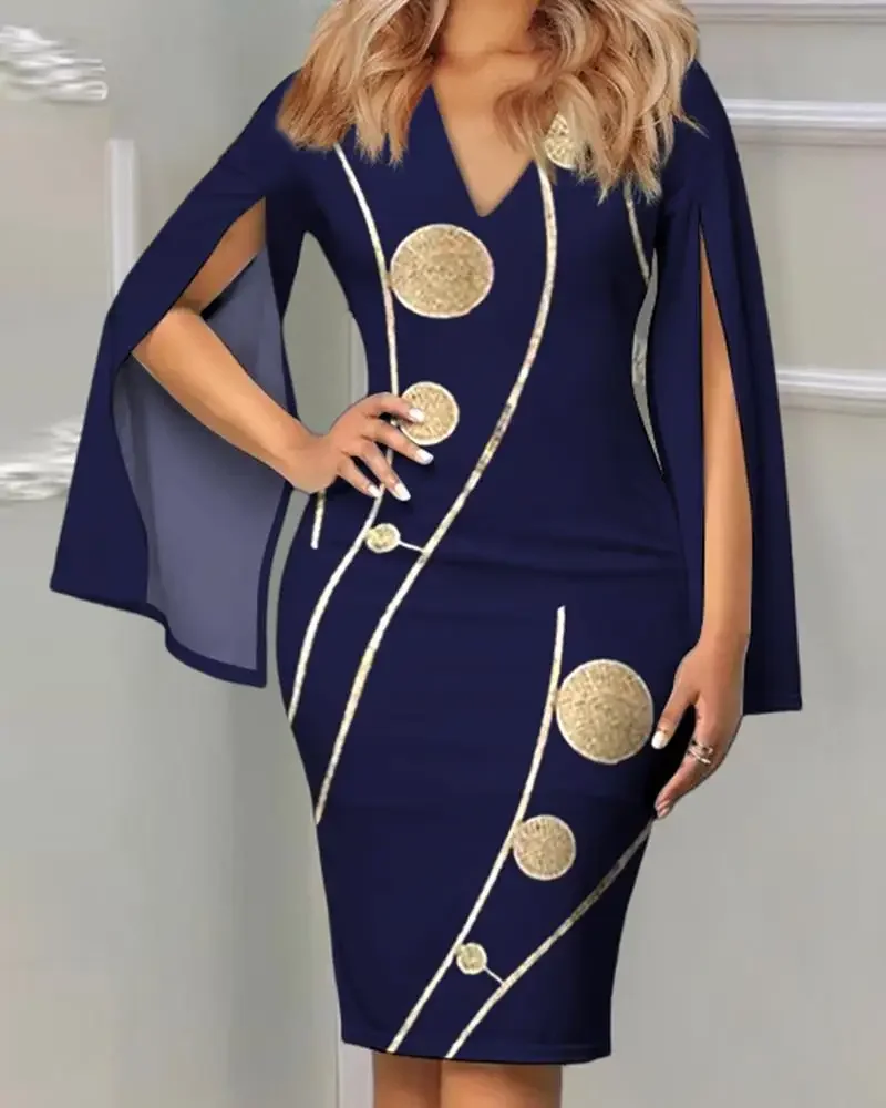 Damenkleid mit V-Ausschnitt, ausgestellten Ärmeln und geometrischem Golddruck, figurbetontes Midikleid, elegantes, schmales Outfit für Teepartys und formelle Anlässe – Detail 5