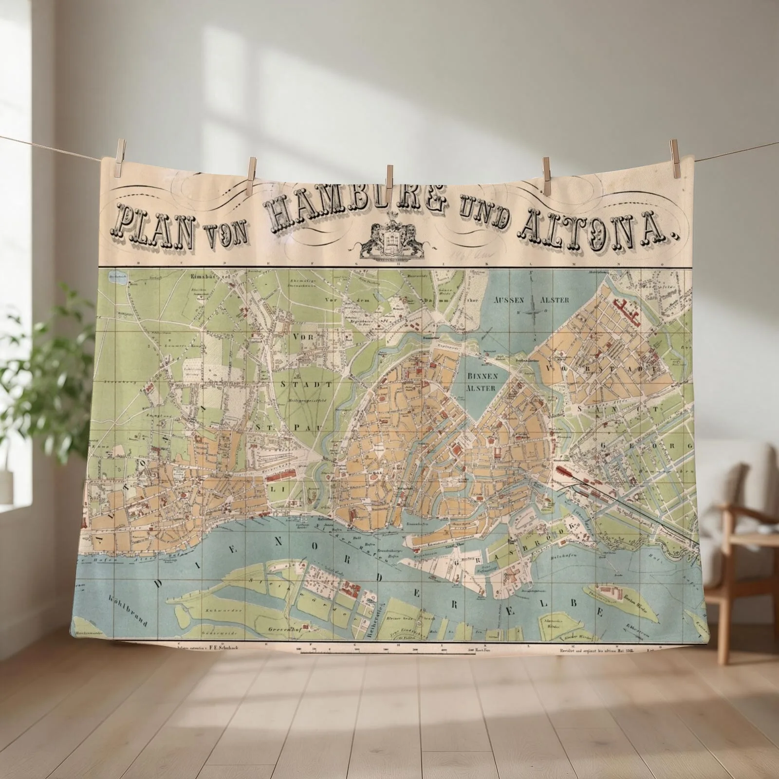 Vintage Hamburg Germany Map (1862) Throw Blanket couch cozy soft plush fuzzy picnic outdoor blanket