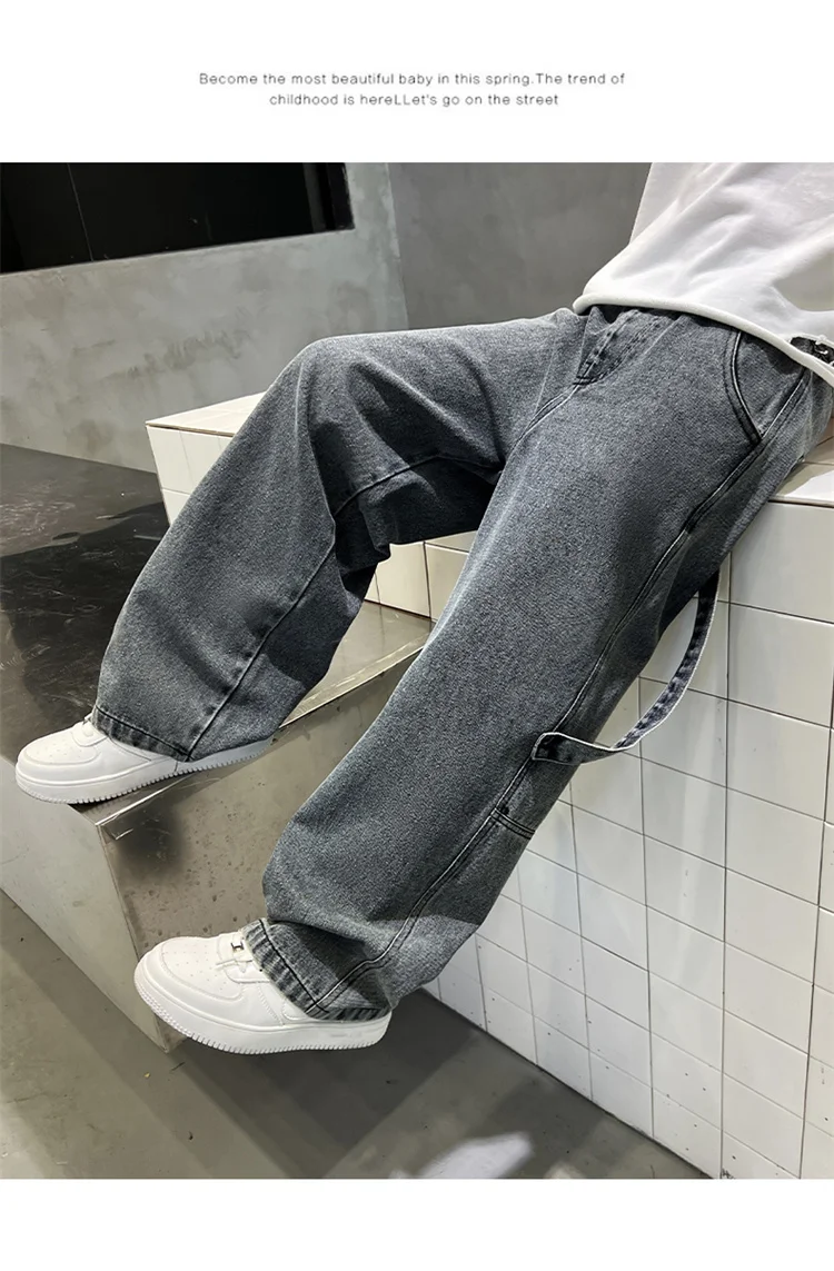 Graue Vintage-Jeans mit Tasche für Jungen, modische High-Street-Denim-Hose, lässige gerade Jeanshose für Teenager. – Detail 11