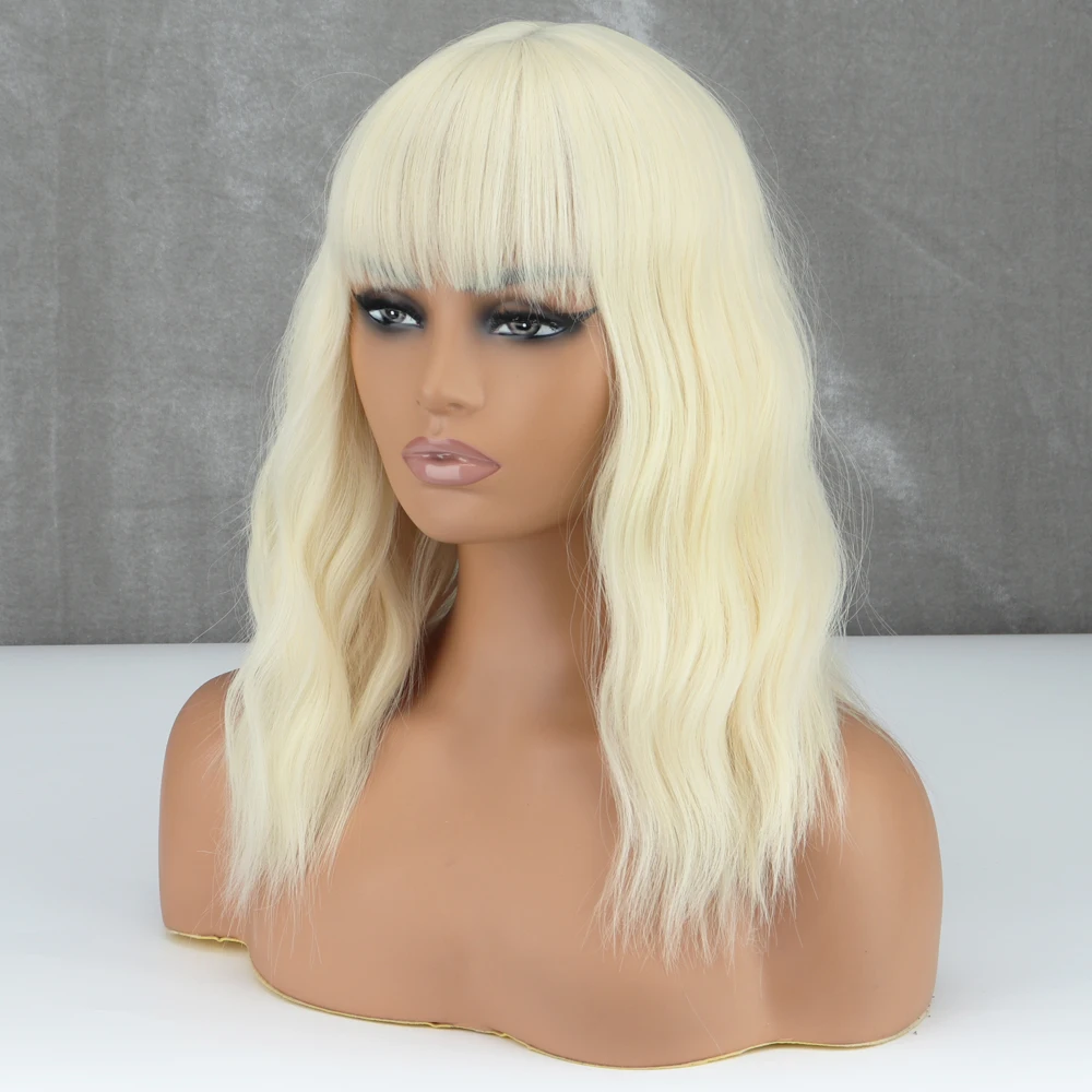 WERD Blonde Golden Synthetic Bob Wigs For Women With Bangs Wave Heat Resistant Cosplay Lolita Natural Hair