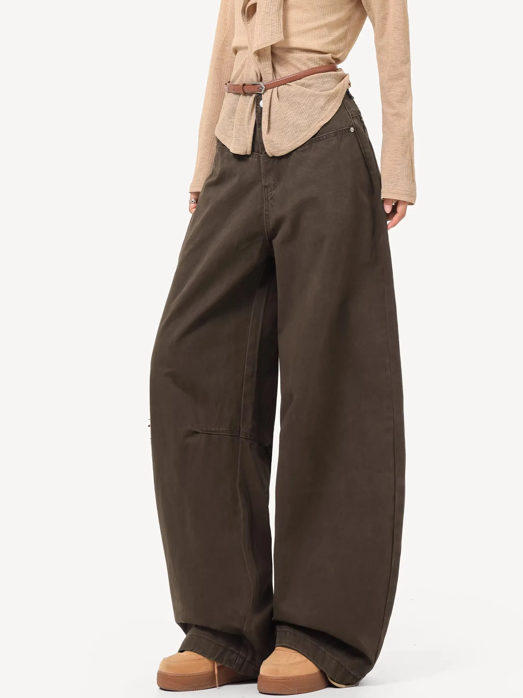 High Waist Wide Leg Coffee Color Denim Pants Women's Loose Fit Slimming Knife Pants Commute Style Splicing Process Casual Wear