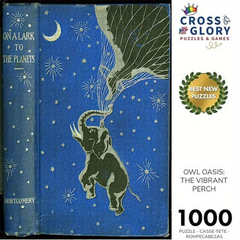 paper puzzle, DIY jigsaw puzzle, elephant flying to the planet, starry sky, universe. High-quality white cardboard material,