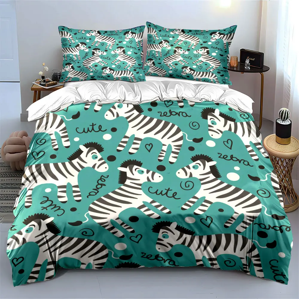 Cute Zebra Cartoon Background Bedding Set for Kids Luxury Gift 3pcs Digital Print Comforter Set Soft Comfortable Breathable