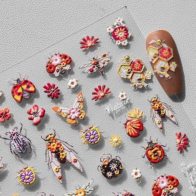 5D Relief Beautiful Bright-coloured Ladybug Embroidery Butterfly Adhesive Nail Art Stickers Decals Manicure Vivid Inset Charms