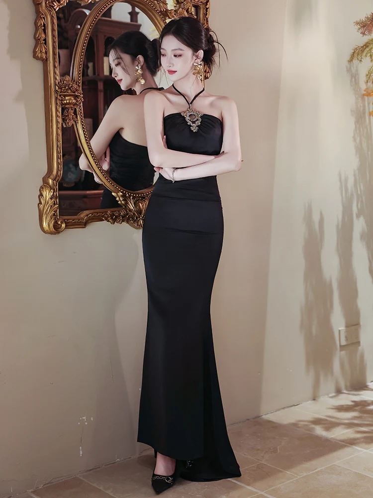 

Stunning Bla Evening Gown Women's Sexy Fi Tail Dr Luxury Sensual mid Waist Zipper Sle Resin Diamond Decorated Long D...