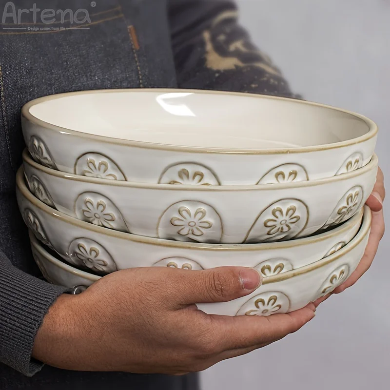 

4 шт., миски для макаронных изделий, большие сервировочные миски для салата, набор из 4 тарелок, большие белые керамические миски для супа для кухни, рельефная чаша Shallo