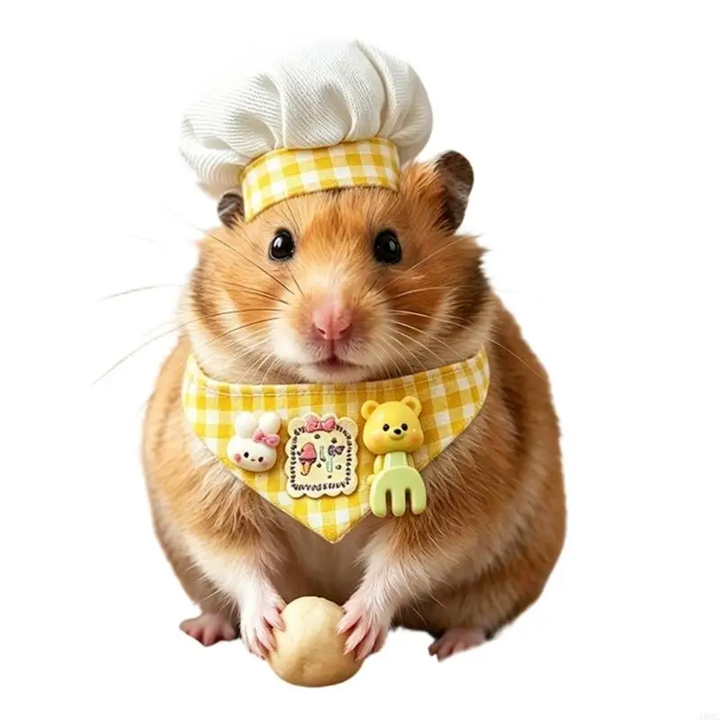 Reptiles Small Pet Costume Cook Hat with Bib for Photo Styling, Plaids Bandana Accessory for Hamster and Bird Display J0MC