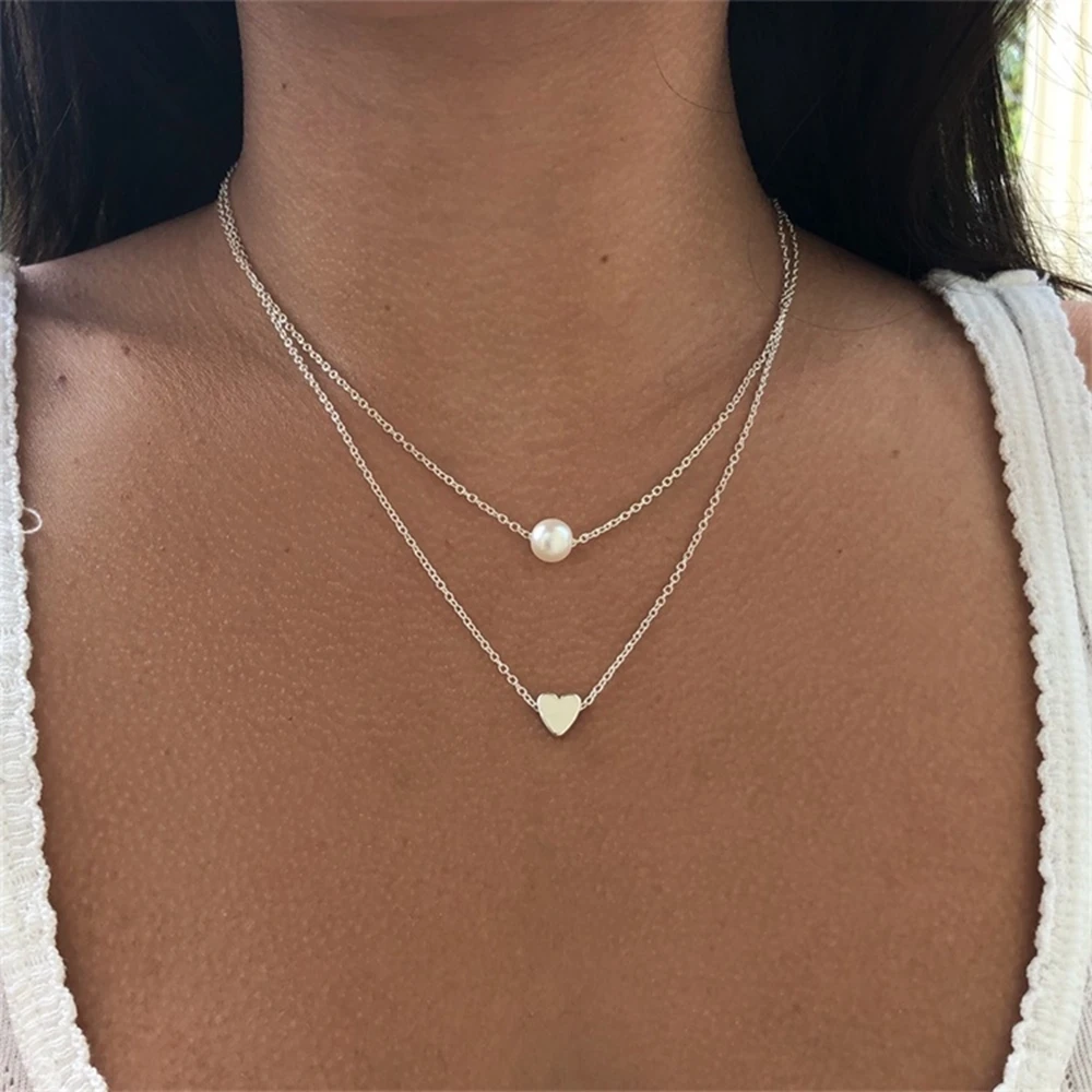 New Double Layer Necklace For Women Imitation Pearl Crystal Heart Pendant Chokers Necklaces Girls Gift Bohemia Cheap Jewelry