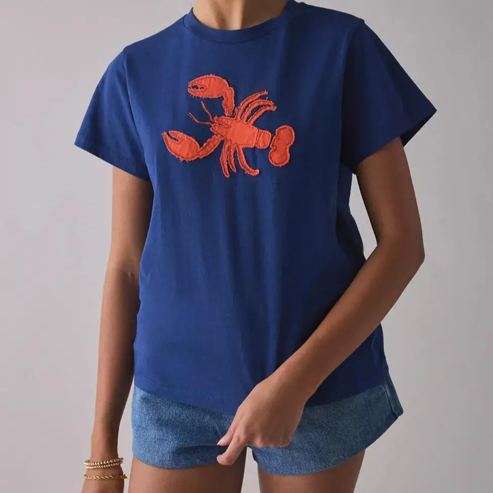 New Summer round Neck Pure Cotton Casual Versatile T-Shirt Ladies Embroidered Lobster Craft Top Quality Women's Fashion