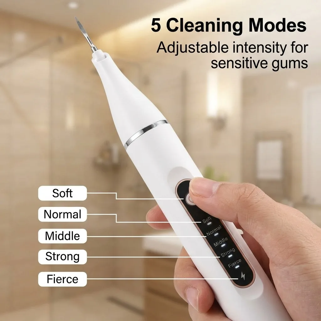 Ultrasonic Tooth Cleaner Kit, Professional Plaque Remover for Teeth, Dental Calculus & Tartar Removal Tool with 5 Adjustable Modes, LED Light and Replacement Heads, Electric Home Oral Care Set