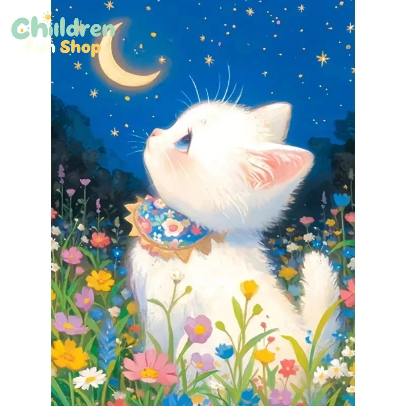 Kit de pintura con diamantes 5D, para hacer tú mismo, con diseño de gatito blanco, luna creciente y estrellas, ideal para decorar paredes, con diamantes para cubrir toda la superficie, kit de manualidades para el hogar, regalo, sin marco.